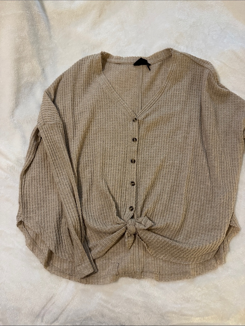 Waffle Knit V-Neck Button Front Tie Top - Taupe